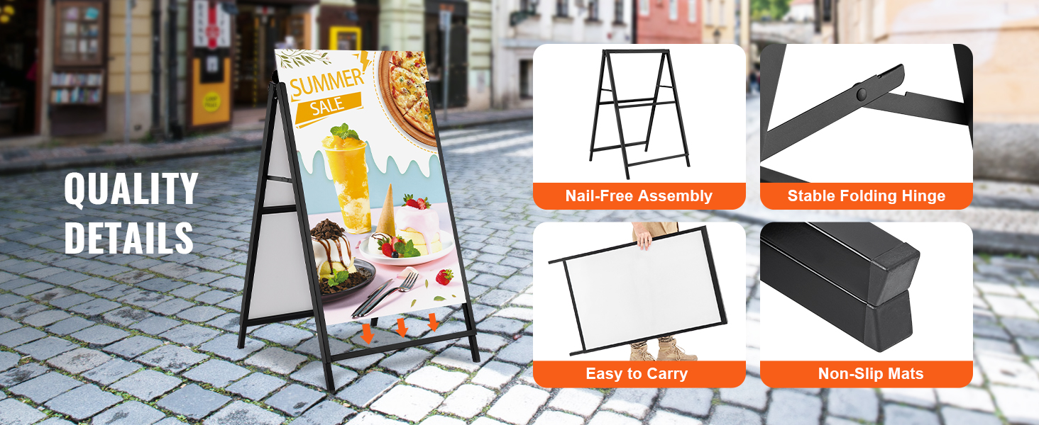 VEVOR A Frame Sidewalk Sign, 24x36 Inch Heavy Duty Slide-in Signboard Holder, Double-Sided Folding Sandwich Board Signs, Steel Pavement Sign Poster for Outdoor Business Street Advertising (Frame only)