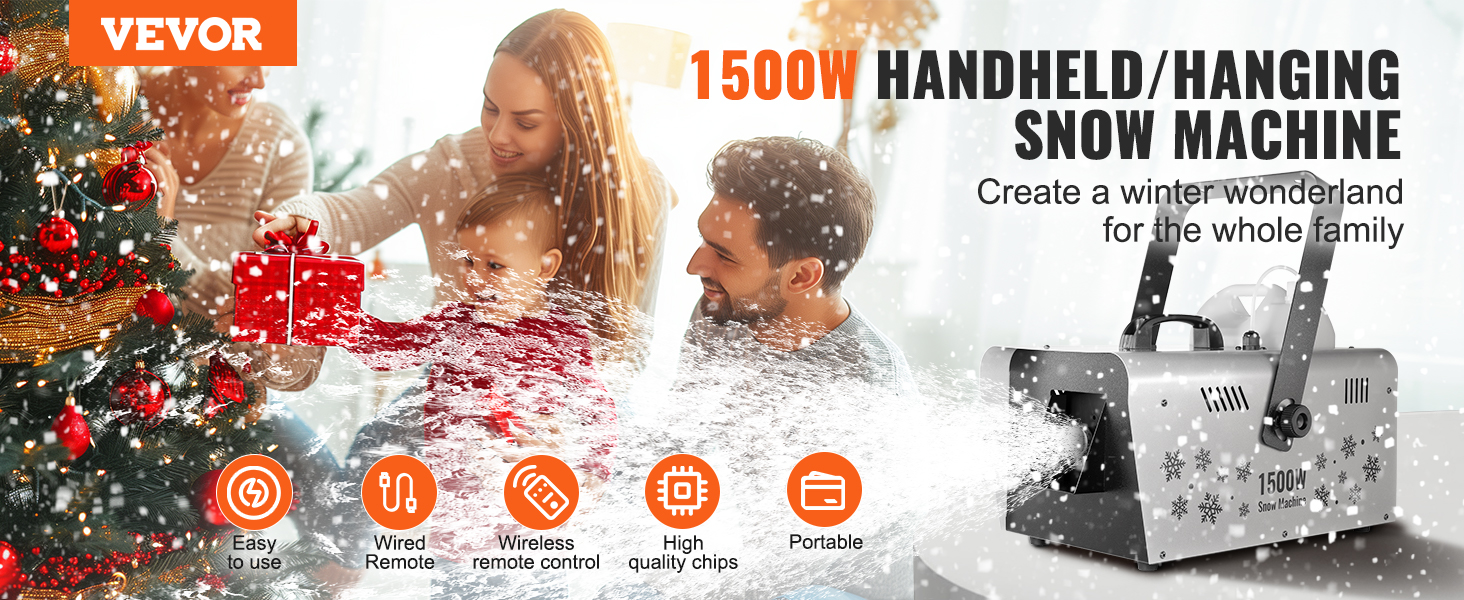 VEVOR Snow Machine 1500W Wireless Remote Handheld Hanging Snow Making