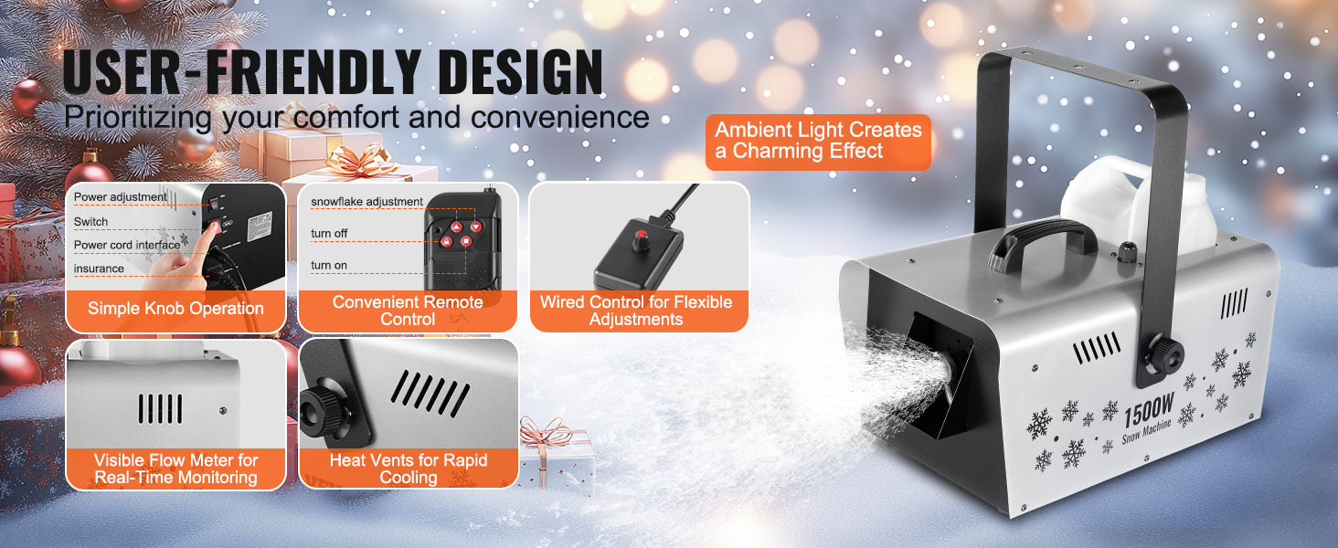 VEVOR Snow Machine 1500W Wireless Remote Handheld Hanging Snow Making