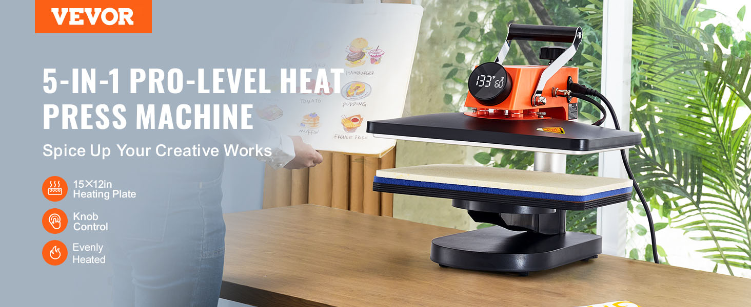 VEVOR Heat Press 5 in 1 Heat Press 12x15 inch Heat Press Machine for Mugcapt Shirt