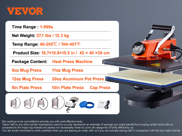 VEVOR Heat Press 15x15, Upgraded Heat Press Machine 5 in 1, Anti-Scald,  Fast-Heating, Swing Away Digital Control Multifunction Heat Press for