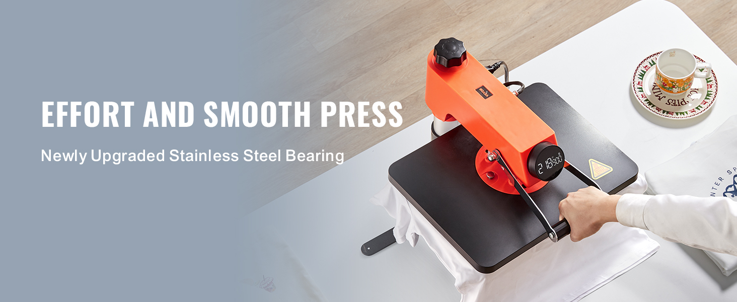 VEVOR heat press machine with upgraded stainless steel bearing for effortless and smooth pressing.