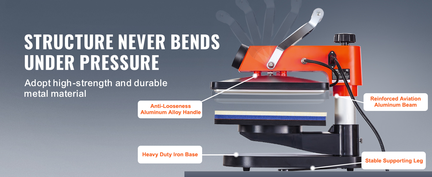 VEVOR heat press machine with anti-looseness aluminum alloy handle, aviation aluminum beam, and iron base.