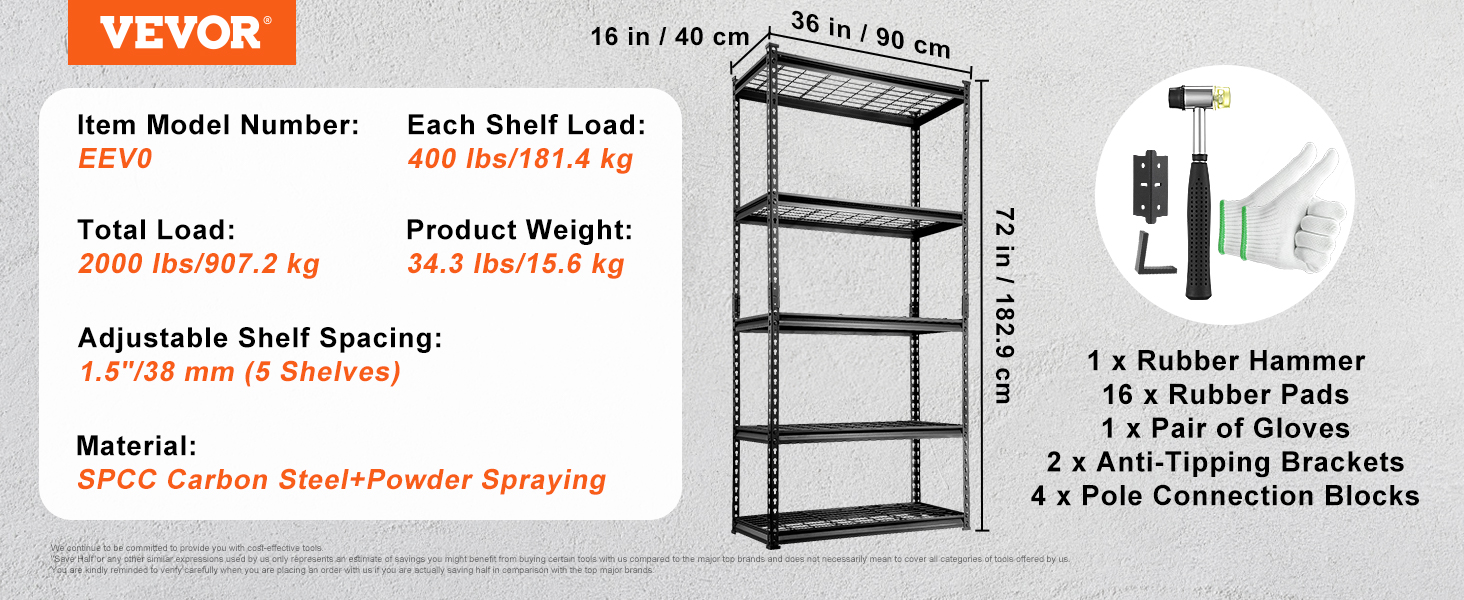 Storage shelving unit,5-tier,2000 lbs