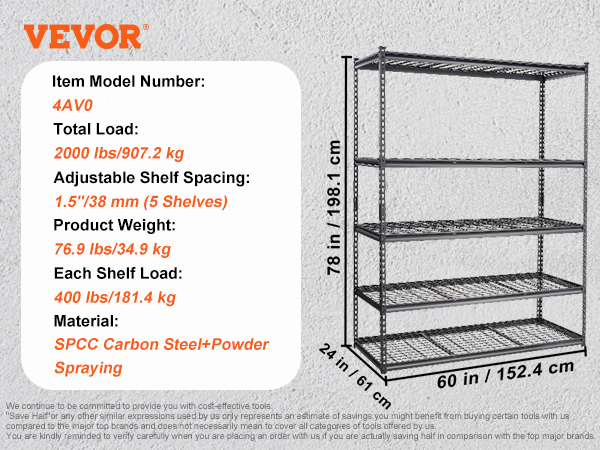 VEVOR Storage Shelving Unit, 5-Tier Adjustable, 2000 lbs Capacity