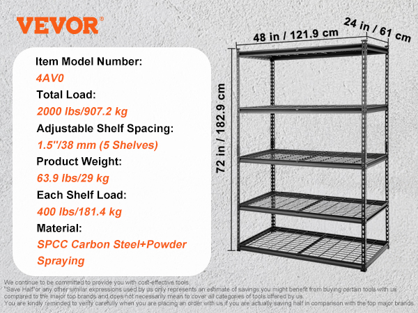 VEVOR Storage Shelving Unit 5-Tier Adjustable 2000 lbs Capacity Heavy Duty Garage Shelves Metal Organizer Utility Rack Black 36 L x 18 W x 72 H TAV0