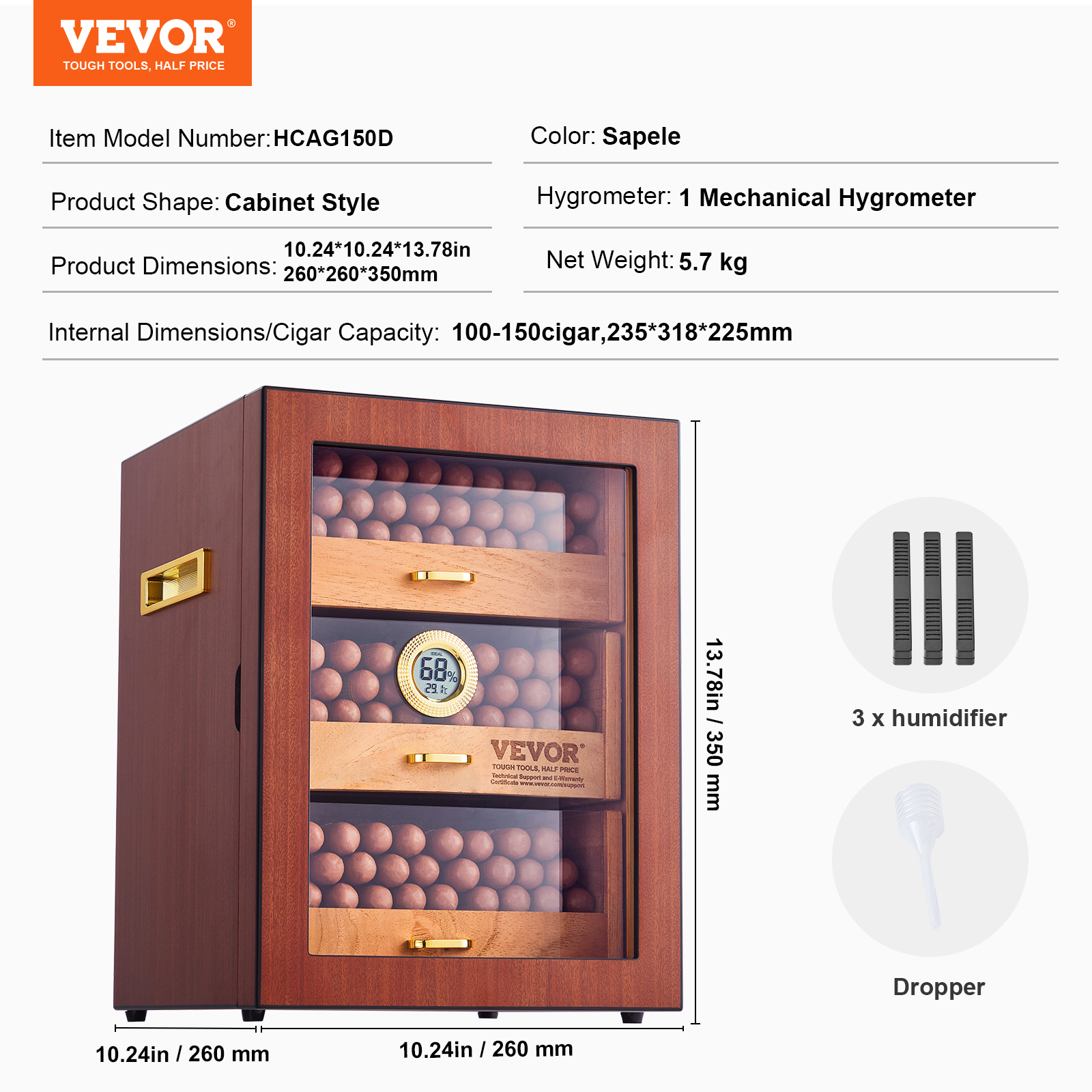 VEVOR 10-25 - 100-150 Zigarren Humidor Glasstop Zeder Zigarren Aufbewahrungsbox - Bild 69 von 74