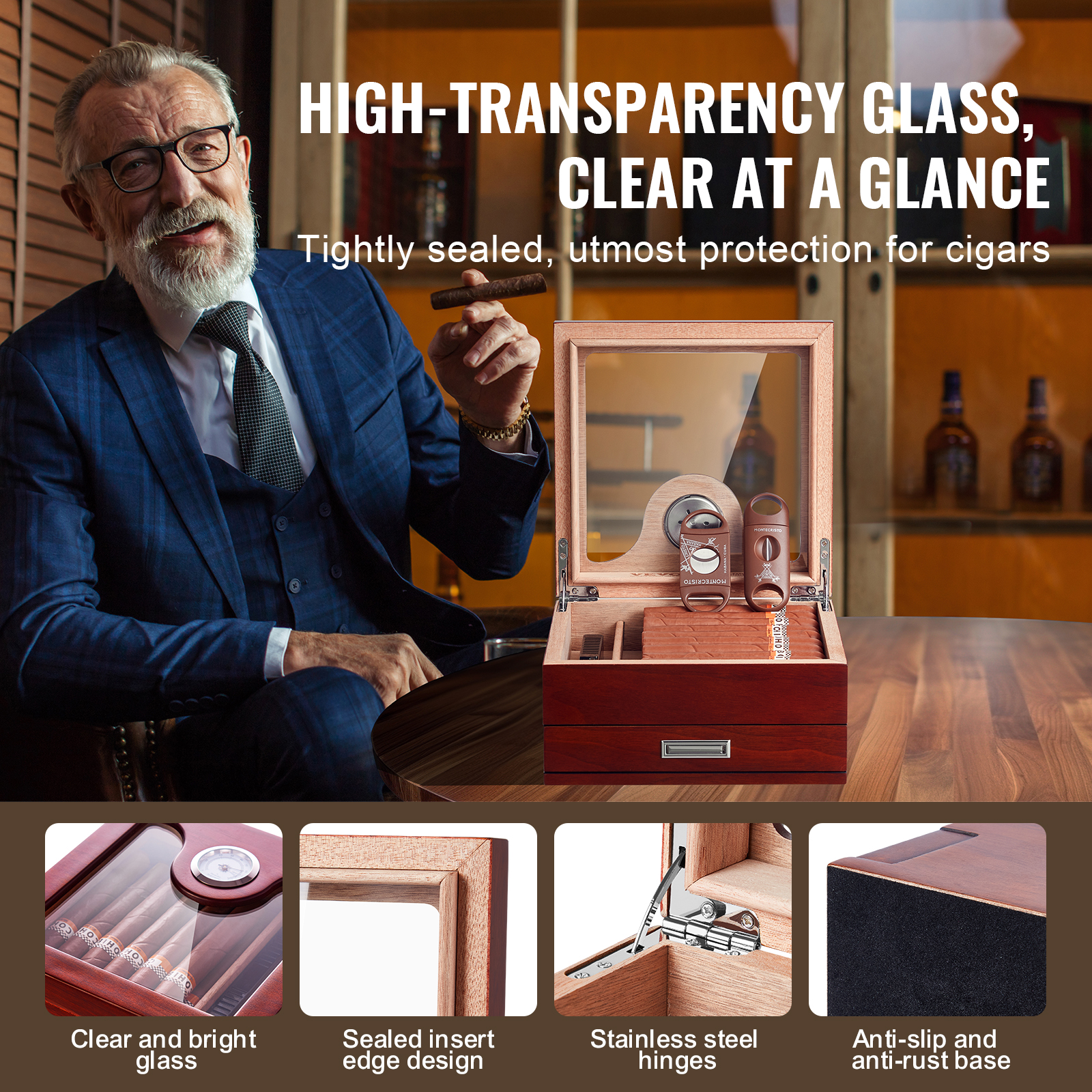 VEVOR 10-25 - 100-150 Zigarren Humidor Glasstop Zeder Zigarren Aufbewahrungsbox - Bild 20 von 74