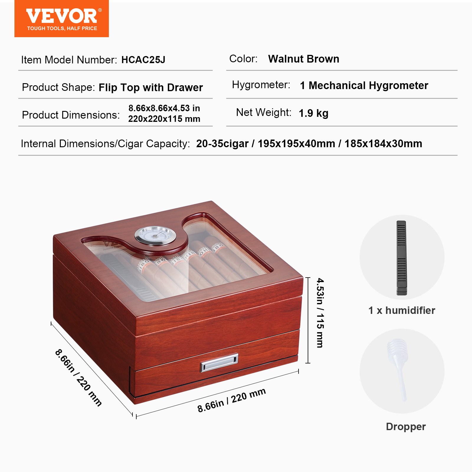 VEVOR 10-25 - 100-150 Zigarren Humidor Glasstop Zeder Zigarren Aufbewahrungsbox - Bild 21 von 74