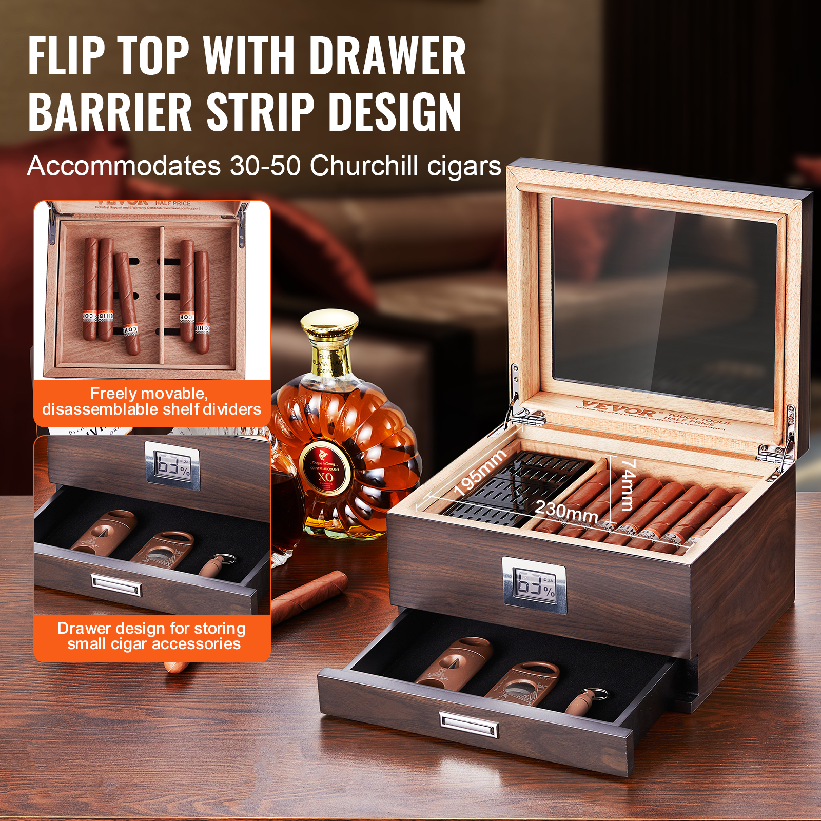 VEVOR 10-25 - 100-150 Zigarren Humidor Glasstop Zeder Zigarren Aufbewahrungsbox - Bild 54 von 74