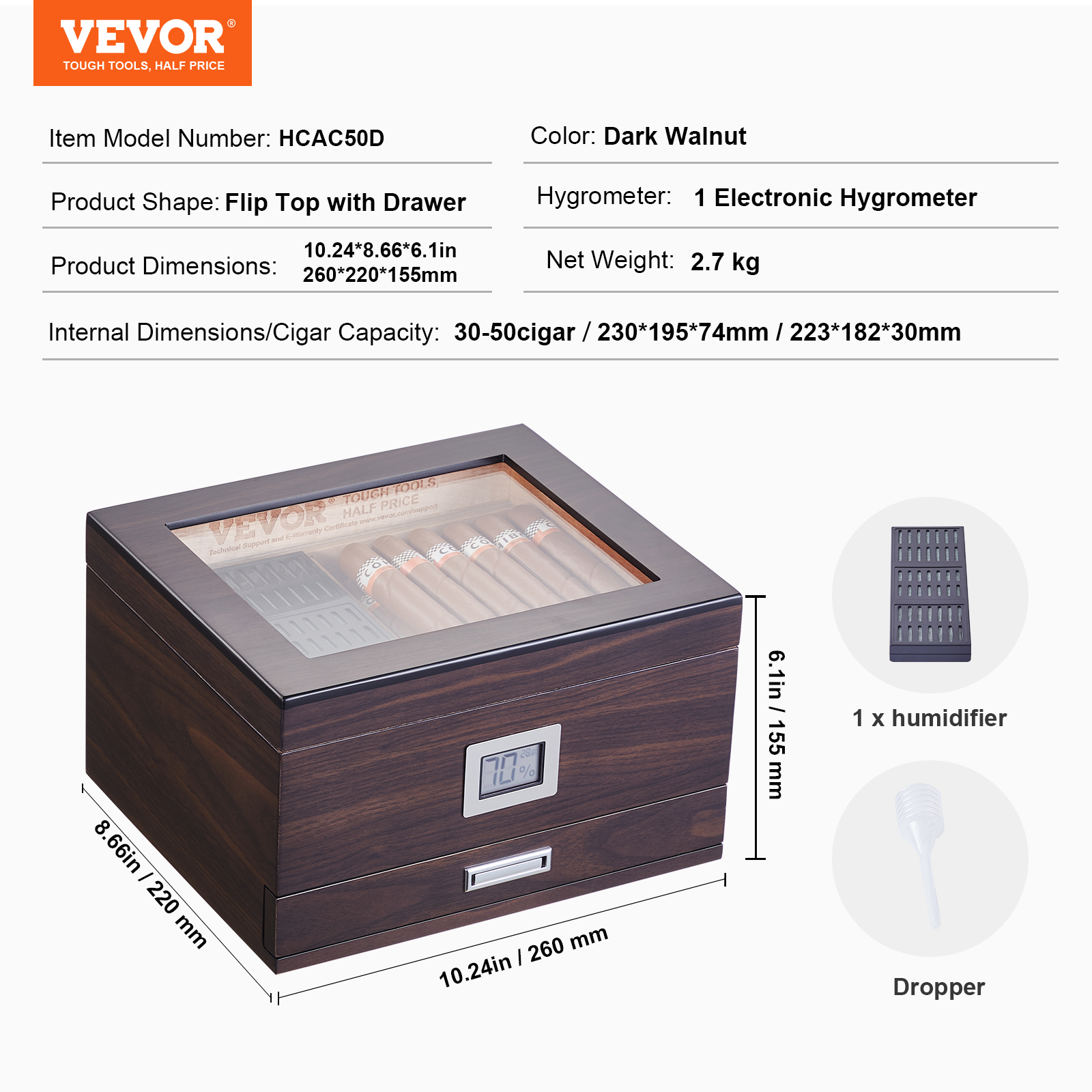 VEVOR 10-25 - 100-150 Zigarren Humidor Glasstop Zeder Zigarren Aufbewahrungsbox - Bild 57 von 74