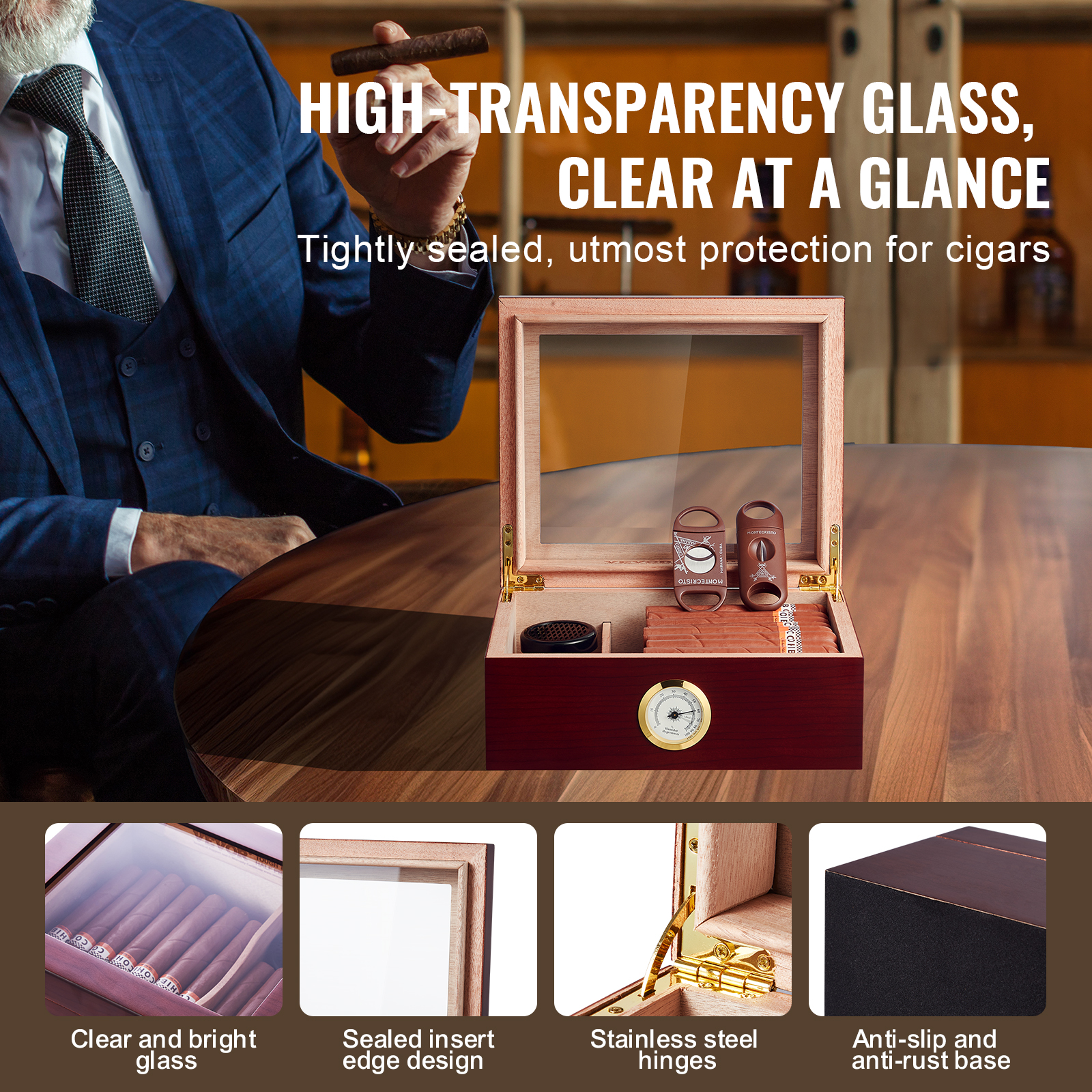 VEVOR 10-25 - 100-150 Zigarren Humidor Glasstop Zeder Zigarren Aufbewahrungsbox - Bild 8 von 74