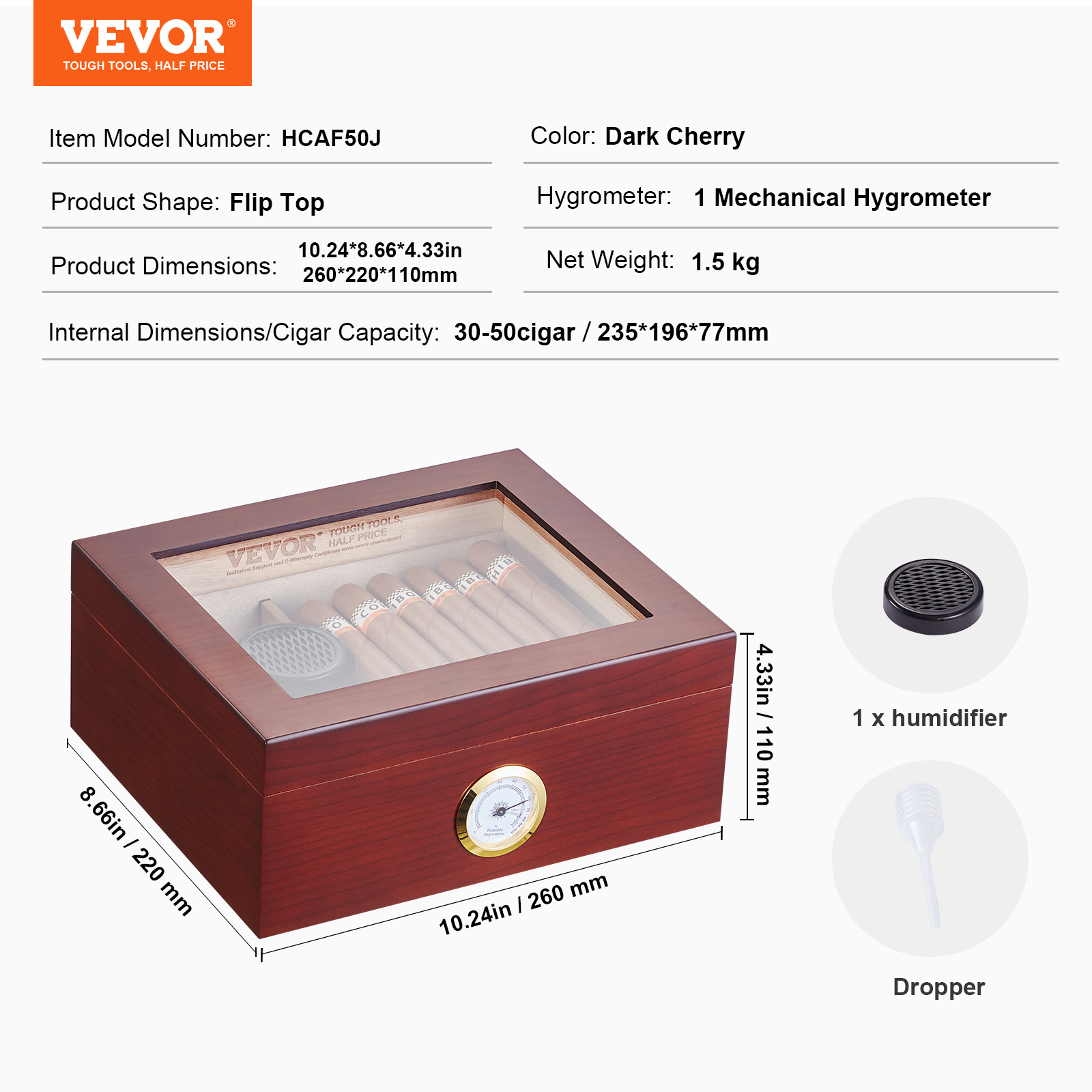 VEVOR 10-25 - 100-150 Zigarren Humidor Glasstop Zeder Zigarren Aufbewahrungsbox - Bild 9 von 74