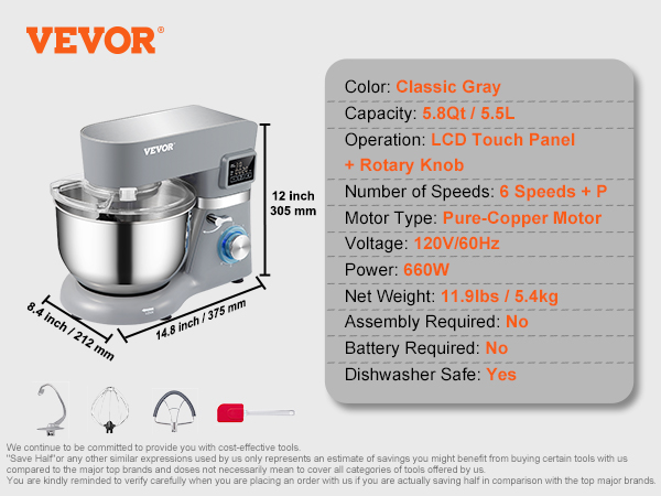 VEVOR Stand Mixer, 660W Electric Dough Mixer with 6 Speeds LCD Screen  Timing, Tilt-Head Food