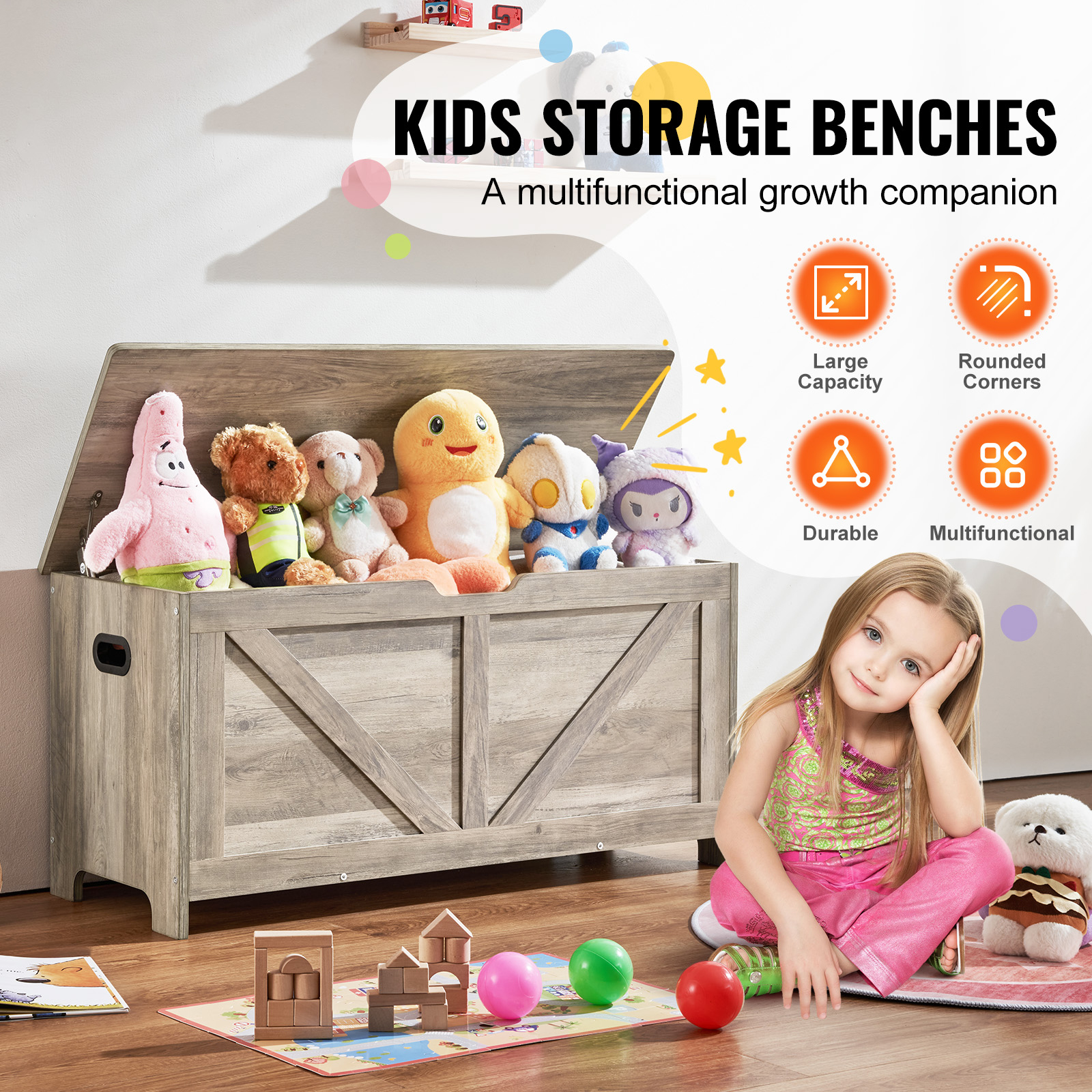 Uimoso Kids Toy Storage Bench Wooden Toy Box Cubby Bookshelf 32.68/38.98/43.11" - Picture 16 of 50