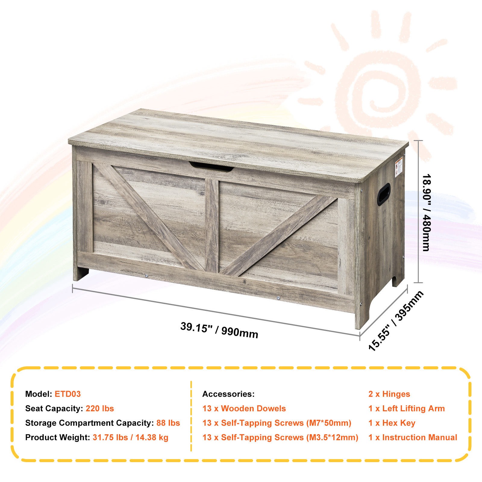 Uimoso Kids Toy Storage Bench Wooden Toy Box Cubby Bookshelf 32.68/38.98/43.11" - Picture 21 of 50