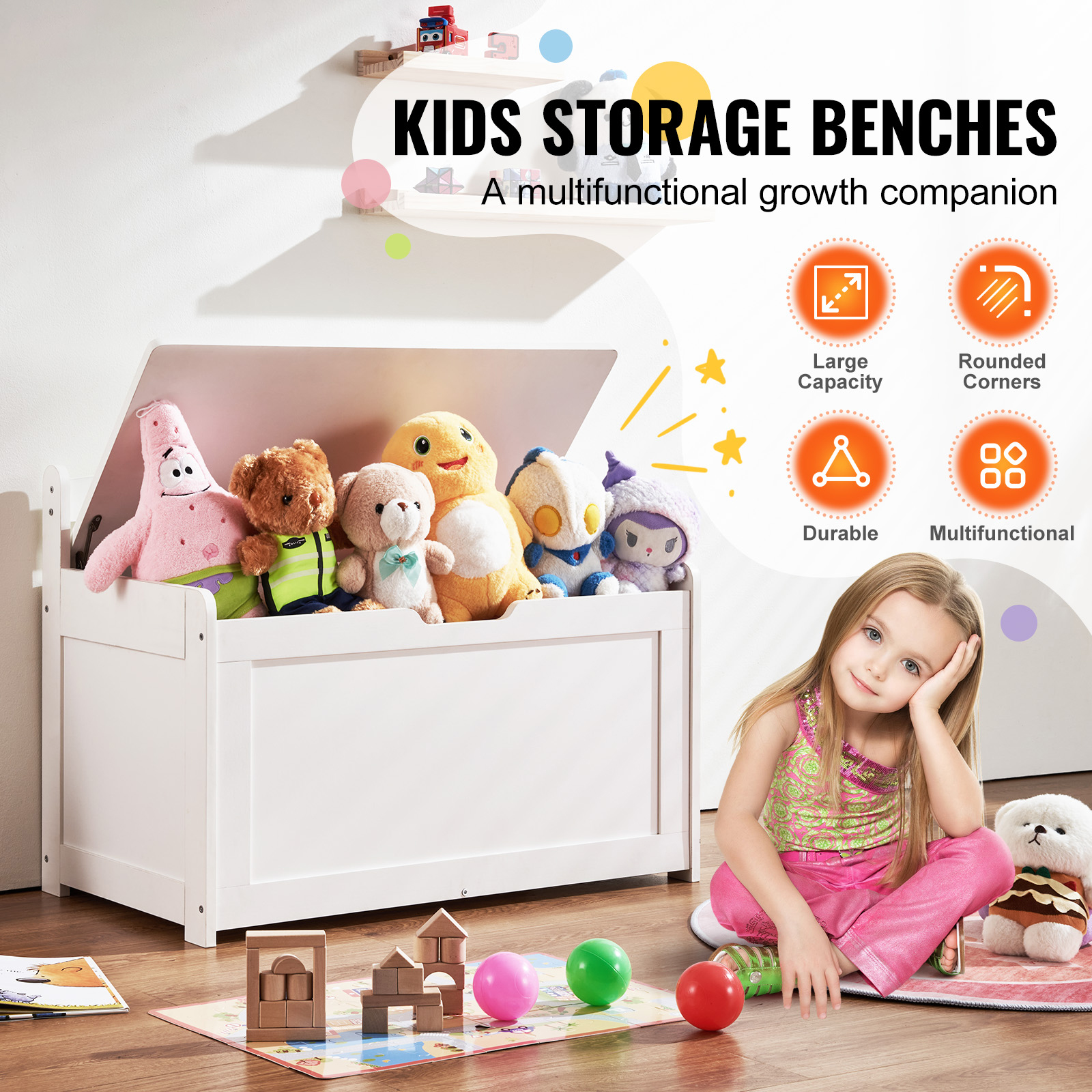 Uimoso Kids Toy Storage Bench Wooden Toy Box Cubby Bookshelf 32.68/38.98/43.11" - Picture 28 of 50