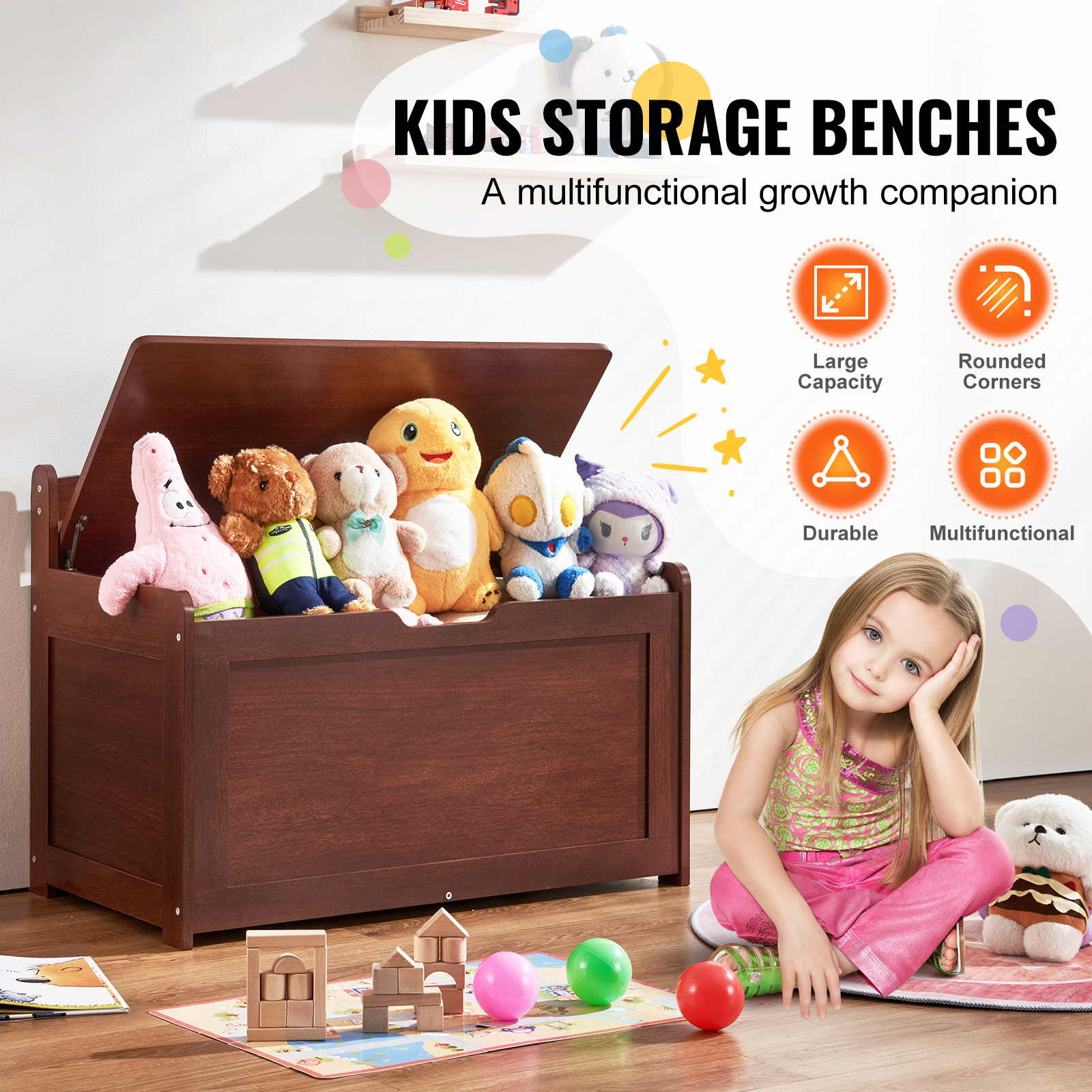 Uimoso Kids Toy Storage Bench Wooden Toy Box Cubby Bookshelf 32.68/38.98/43.11" - Picture 4 of 50