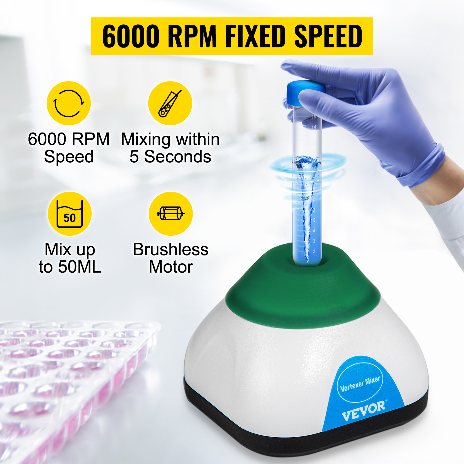 VEVOR Vortex Mixer, 6000rpm Mini Vortex Mixer Shaker Touch Function USB Charging Vortex Shaker, Mix Up to 50ML 6mm Orbital Diameter for Paint Tattoo Ink Test Tube Nail Polish, Test Tube Included