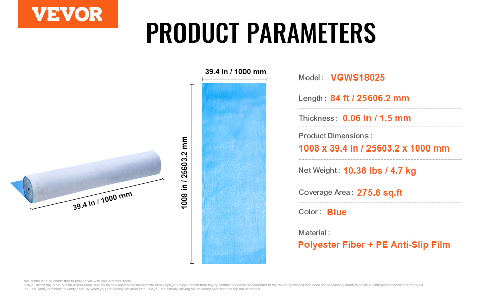 Paramètres du produit de film de protection de tapis VEVOR : 25603,2 mm x 1000 mm, longueur de 84 pieds, bleu, antidérapant, couverture de 275,6 pieds carrés.