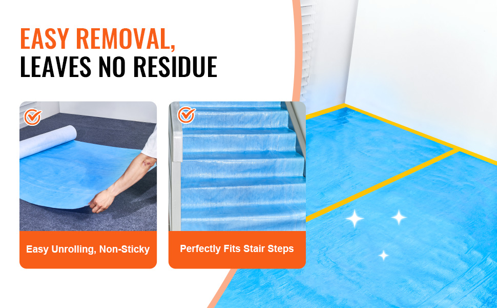 Film de protection de tapis VEVOR facile à enlever, déroulement non collant, s'adapte aux escaliers, ne laisse aucun résidu.