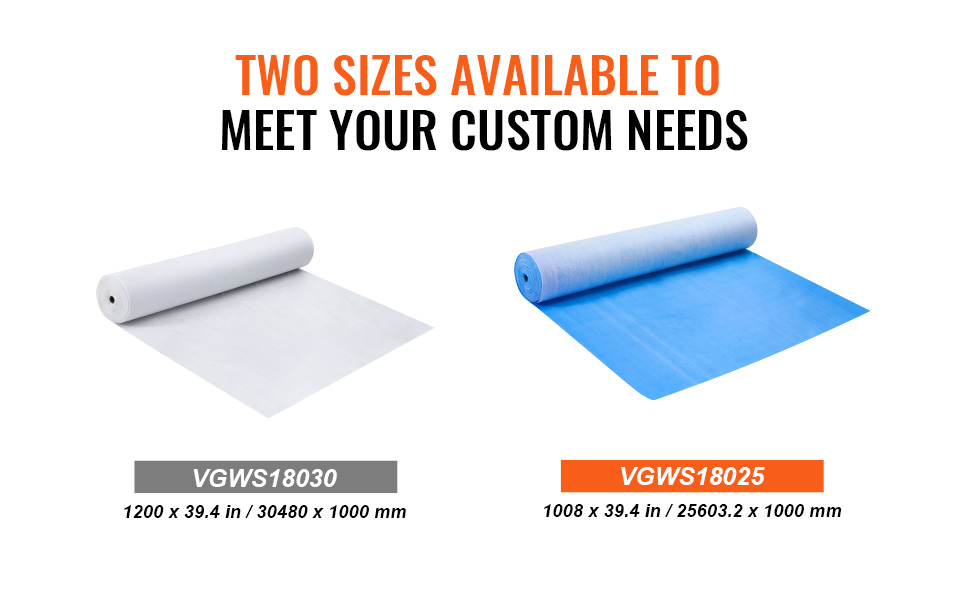 deux rouleaux de film de protection de tapis VEVOR en blanc et bleu avec dimensions et codes produits étiquetés.