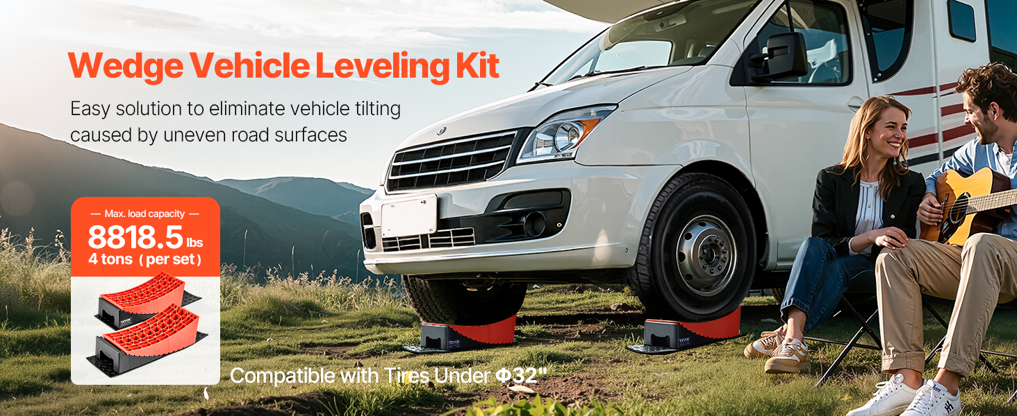 Camper levelers in use under RV tire