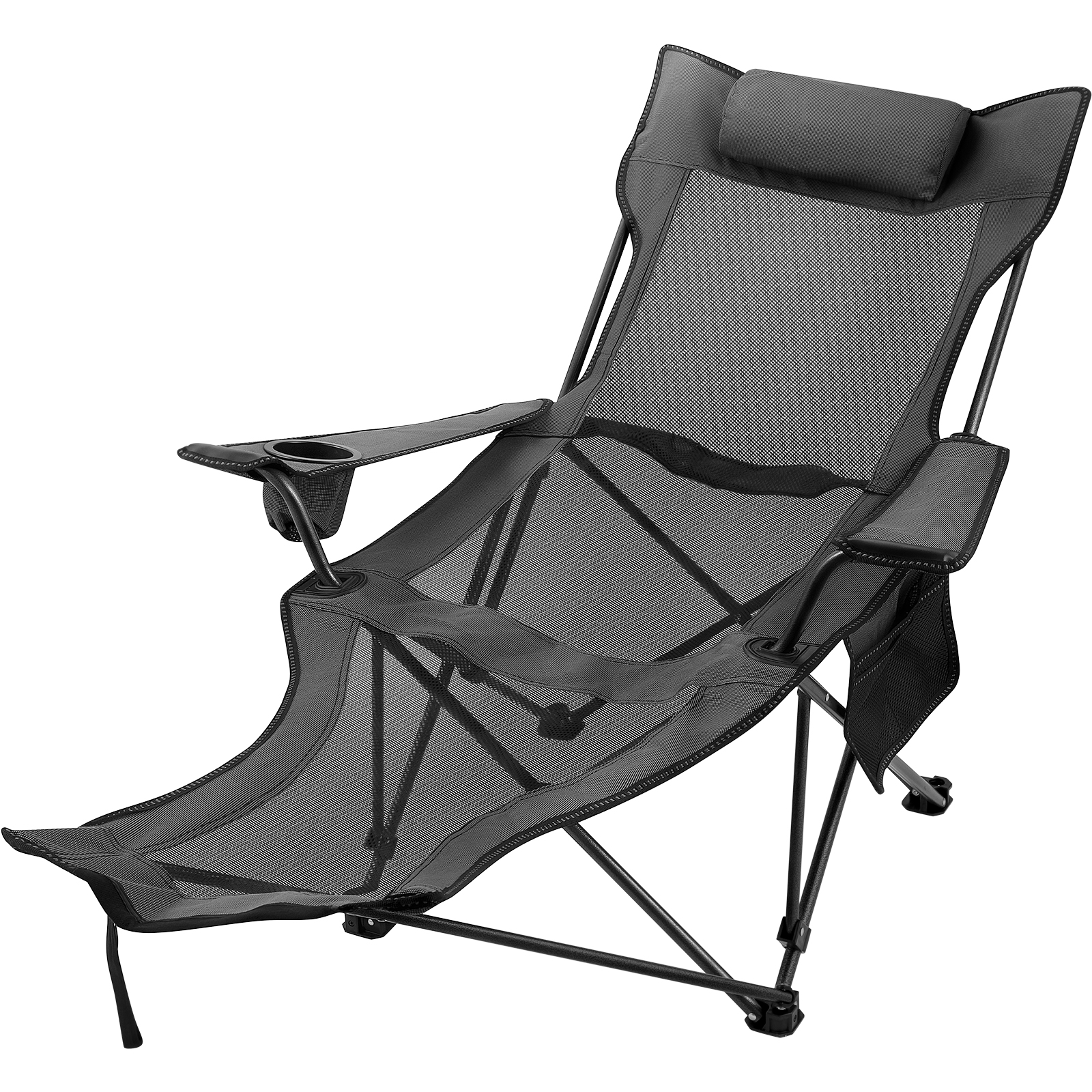 VEVOR Folding Camp Chair with Footrest Mesh, Portable Lounge Chair with Cup  Holder and Storage Bag, for Camping Fishing and Other Outdoor Activities  (Grey) VEVOR US