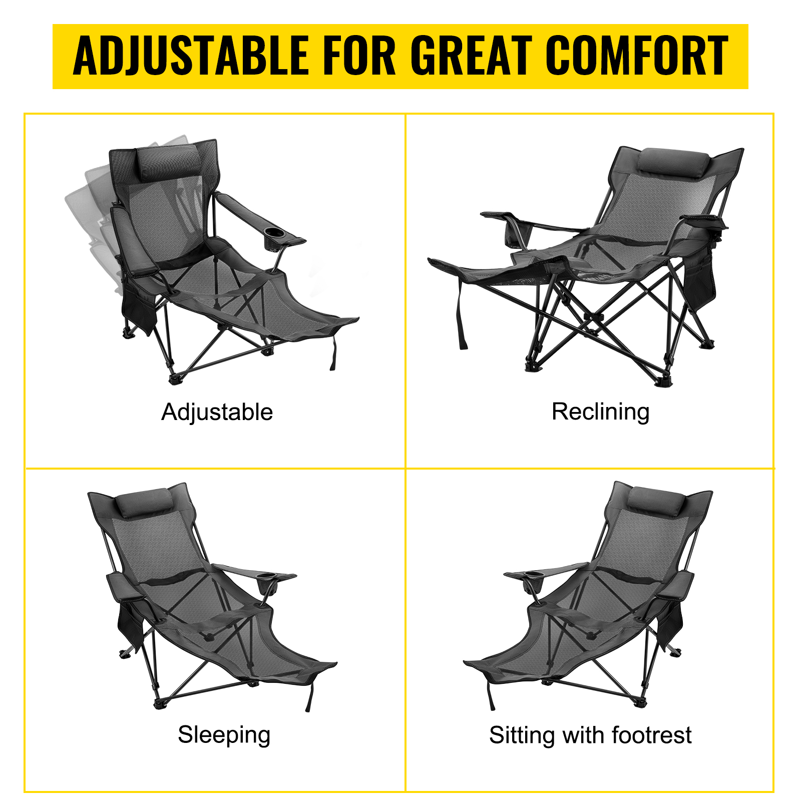  Silla de camping sillas plegables, sillas de césped al aire  libre, silla plegable de tres velocidades, ajustable, con respaldo largo,  para acampar al aire libre, reclinable, picnic, playa, relajación, silla  plegable