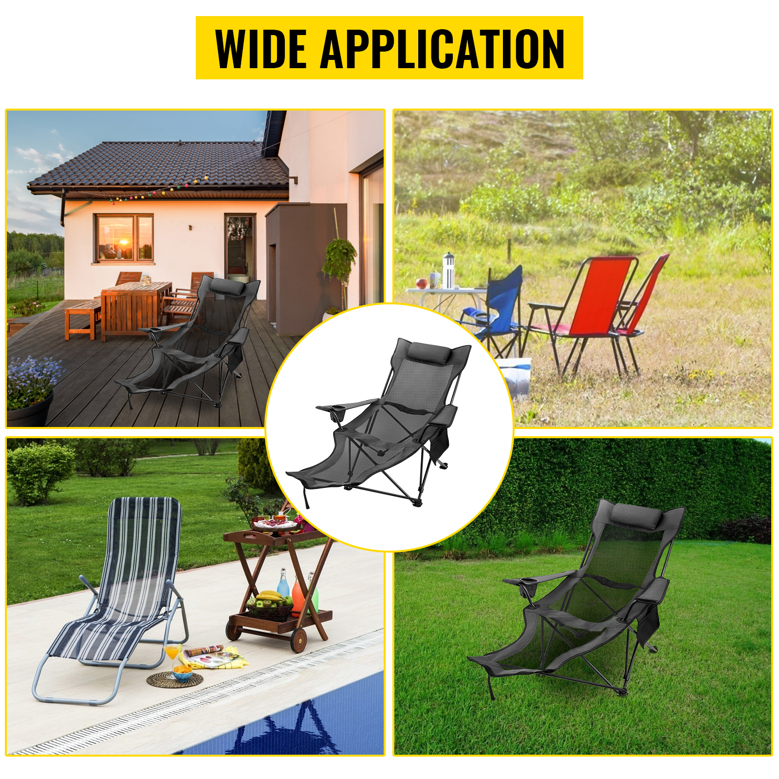 VEVOR Folding Camp Chair with Footrest Mesh Portable Lounge Chair with Cup Holder & Storage Bag - Grey