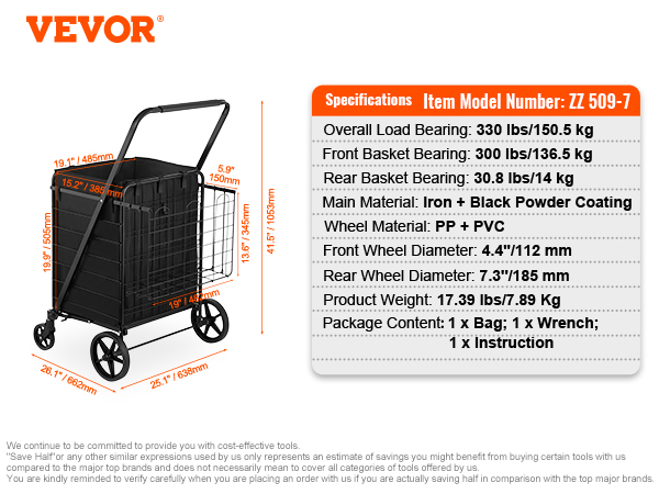 VEVOR Folding Shopping Cart with Removable Waterproof Liner, 330LBS Large  Capacity Jumbo Grocery Cart with Dual Basket, 360° Swivel Wheels, Dense  Metal Mesh Base, Heavy Duty Utility Cart for Shopping