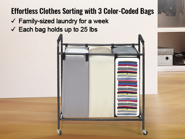 3 Bag Laundry Sorter Cart with Storage Shelf, Laundry Hamper Sorter with  Rolling Wheels and Removable Bags for Clothes Storage,Laundry Organizer  Basket Laundry Clothes Hamper, Black