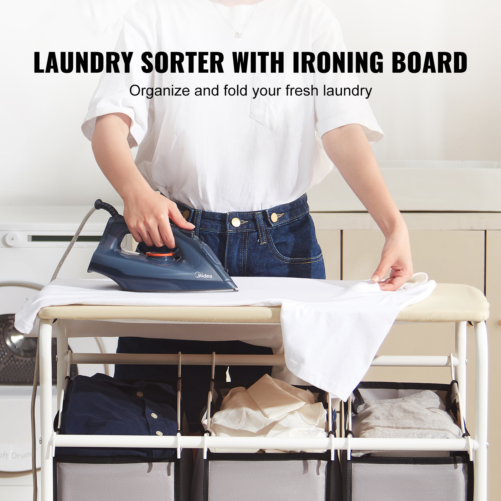 Laundry Sorter Cart 4/3-Section Rolling with Removable Bags Ironing Board - Picture 28 of 38