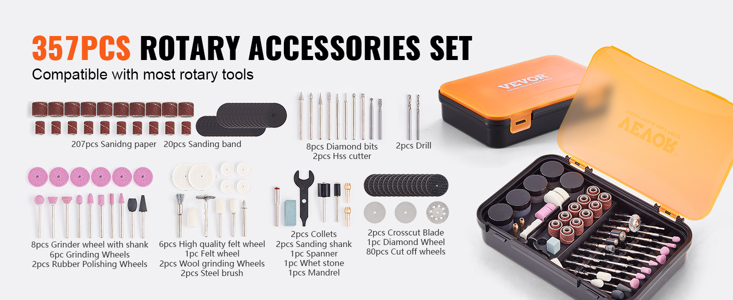 VEVOR 357PCS Rotary Tool Accessories Kit, 1/8 Diameter Shank Power Rotary  Tool Accessories Set, Universal Fitment Electric Tool Accessories for  Carving, Sanding, Cutting, Drilling, Cleaning, Grinding