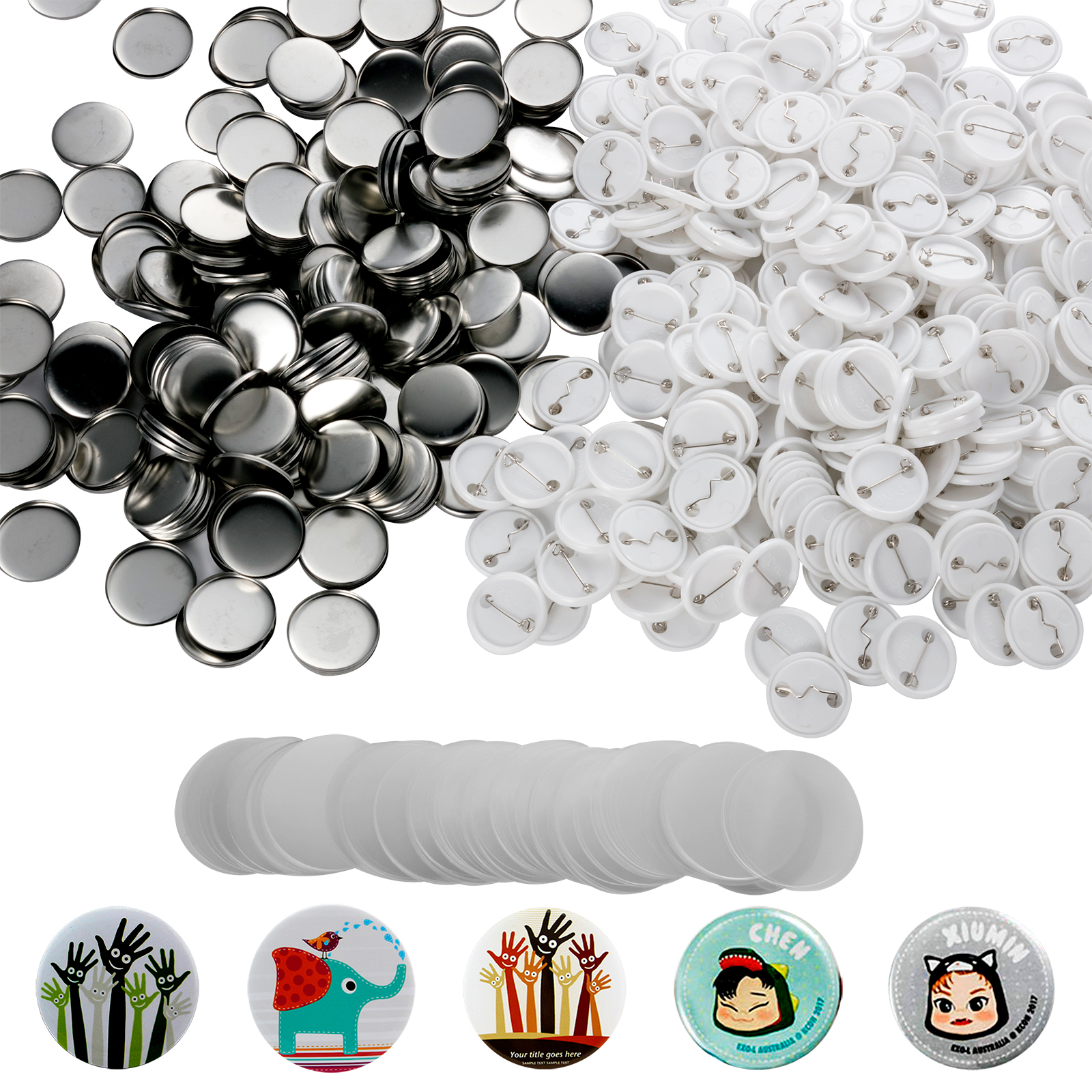 200 Sets of Metal Button Parts Supplies for Button Maker Machine Round Pin Maker Includes Metal Top, Metal Clip Bottom, Plastic Film 44mm / 1.73in (1