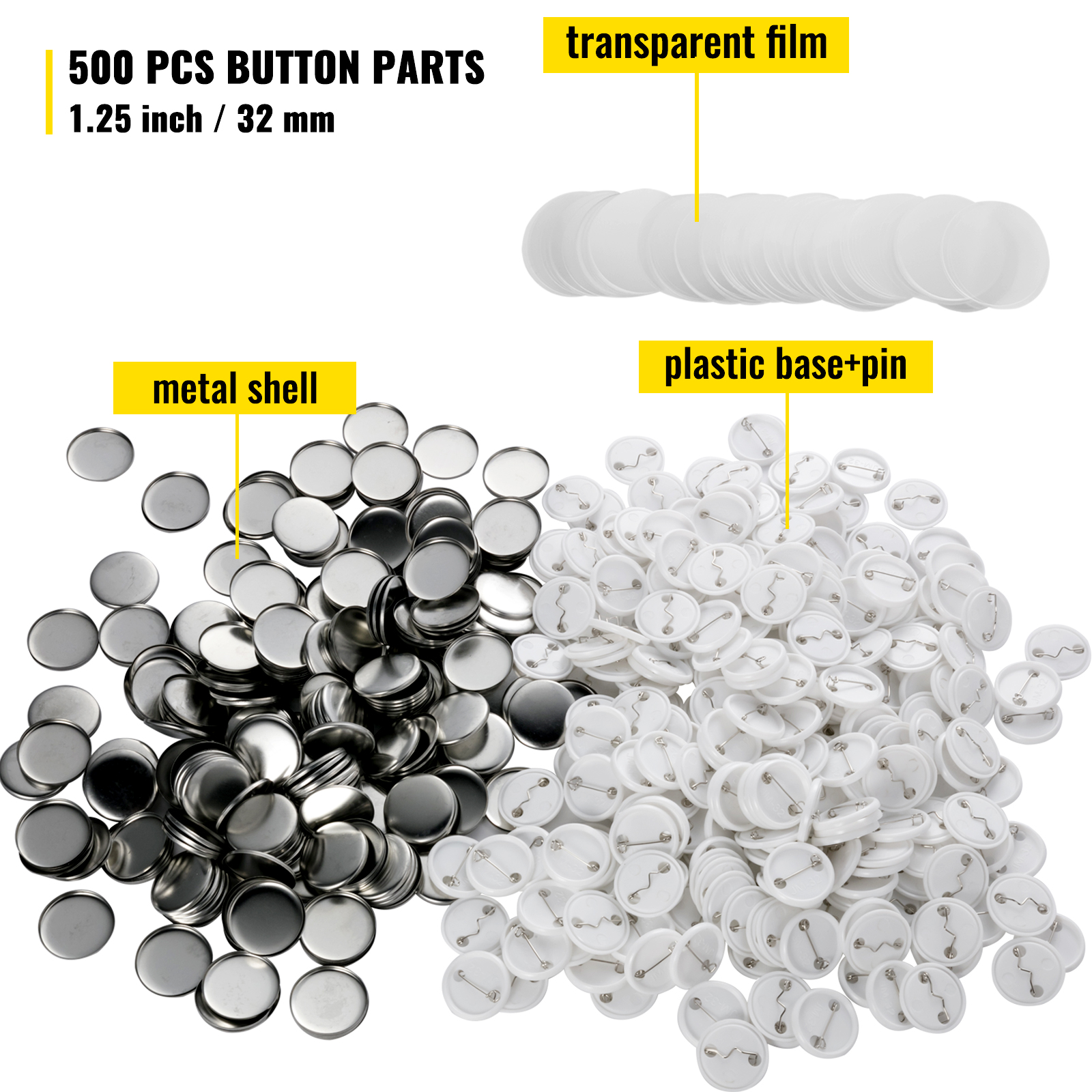 VEVOR Button Parts for Button Maker 500 Sets Button Badge Parts 32 mm (1-1/4