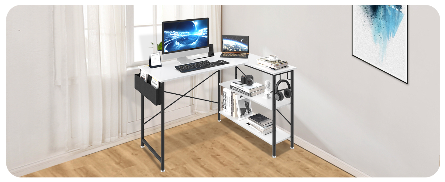 VEVOR L Shaped Computer Desk, 47'' Corner Desk with Storage Shelves ...