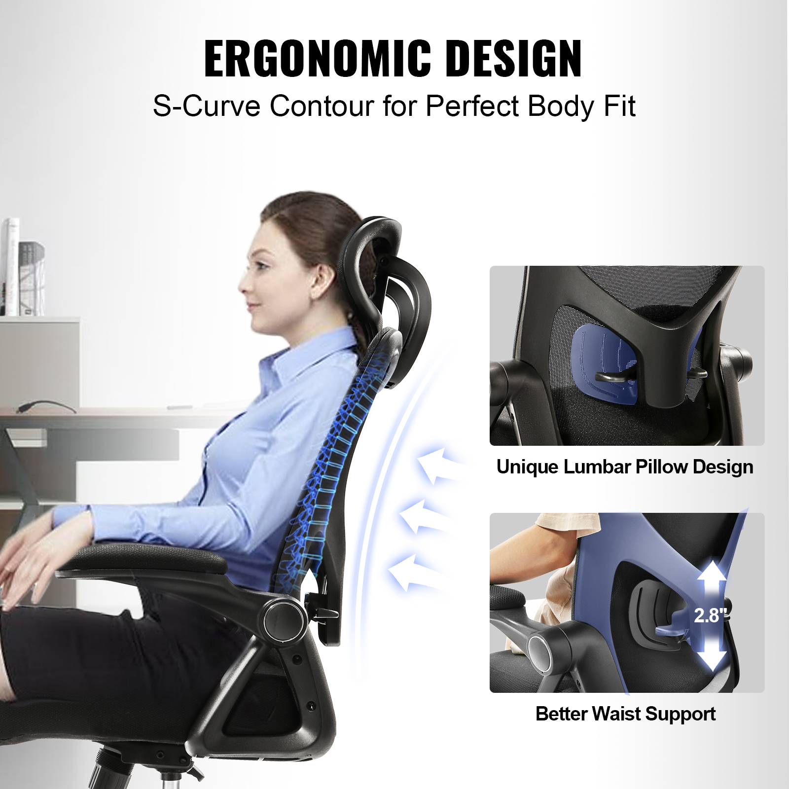 Ergonomic Office Chair Mesh Office Chair Back Lumbar and Head Support - Picture 5 of 38