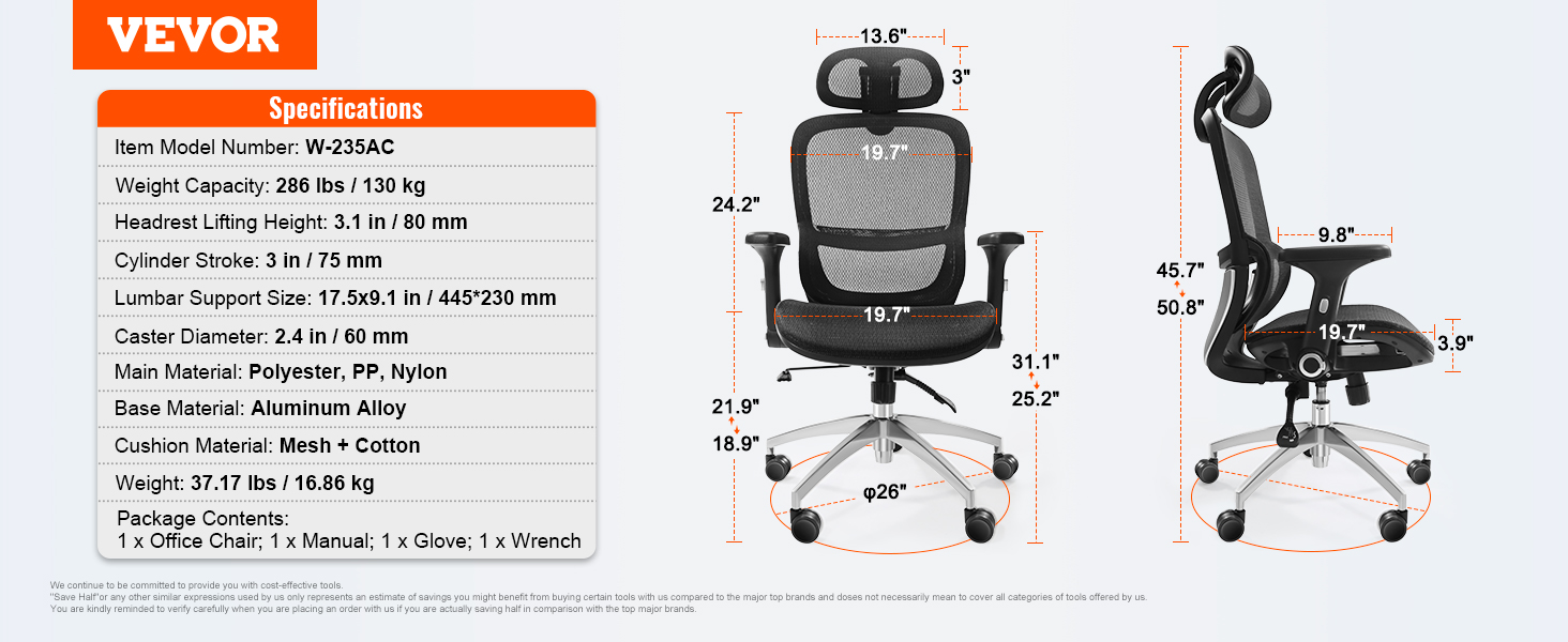 VEVOR Office Chair with Adjustable Lumbar Support, High Back Ergonomic Desk Chair with Adjustable Headrest, 2D Armrest, Ergonomic Office Chair