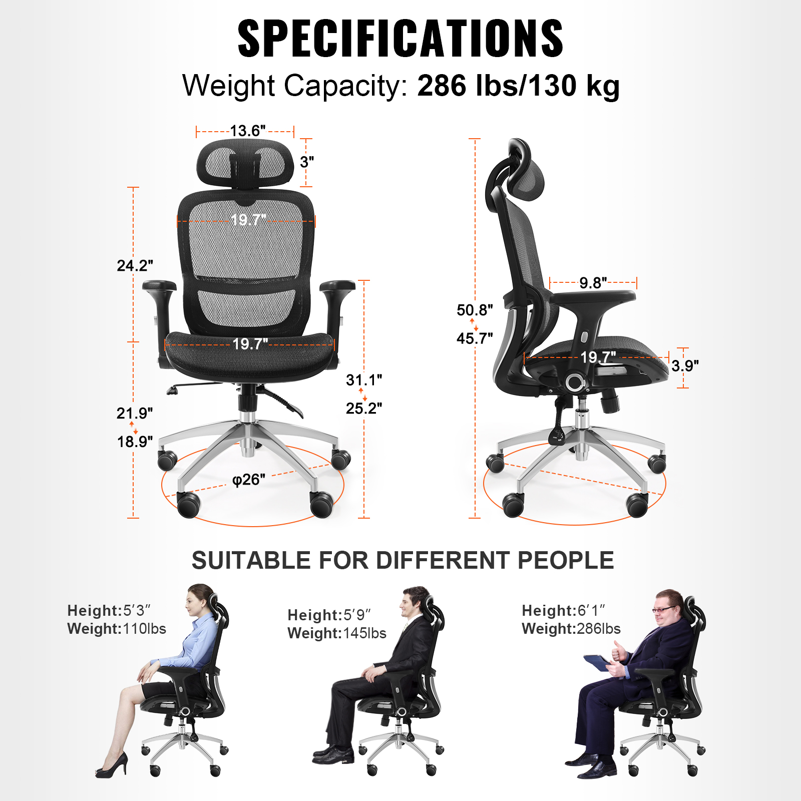 Ergonomic Office Chair Mesh Office Chair Back Lumbar and Head Support - Picture 21 of 38