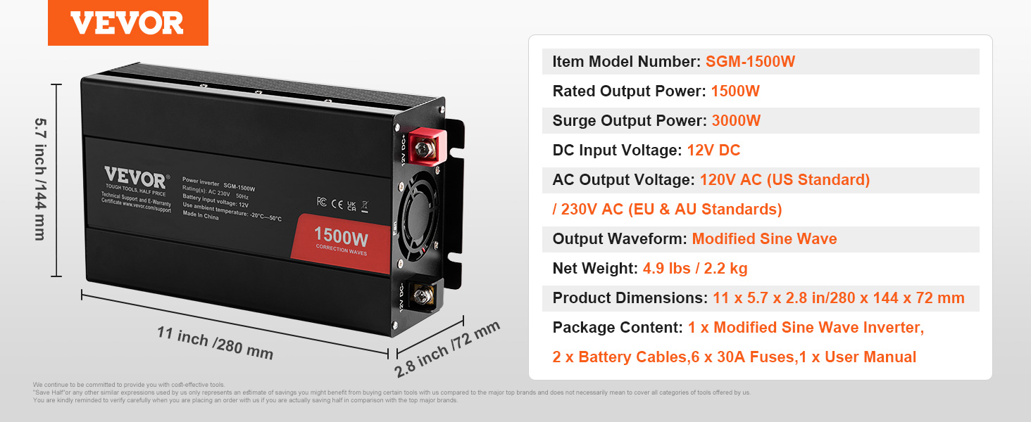 Modifikovaný sinusový měnič VEVOR 1500W DC12V až AC230V CE certifikace FCC