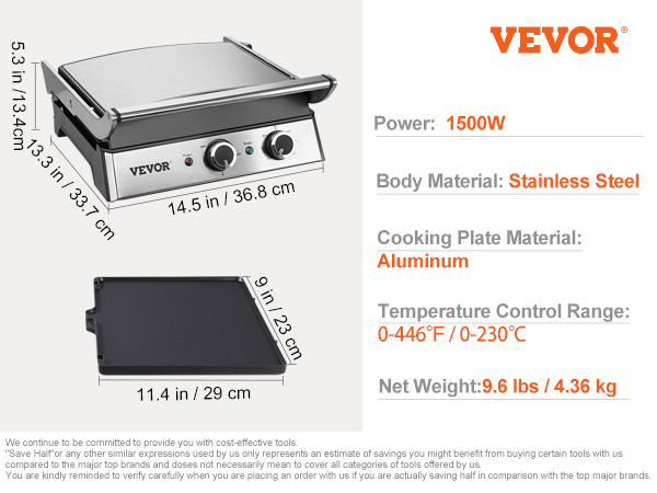 VEVORbrand 14 Electric Countertop Flat Top Griddle 110V 1500W Non-Stick  Teppanyaki Grill Stainless Steel Adjustable Temperature Control 122° F -  572° F, Silver 