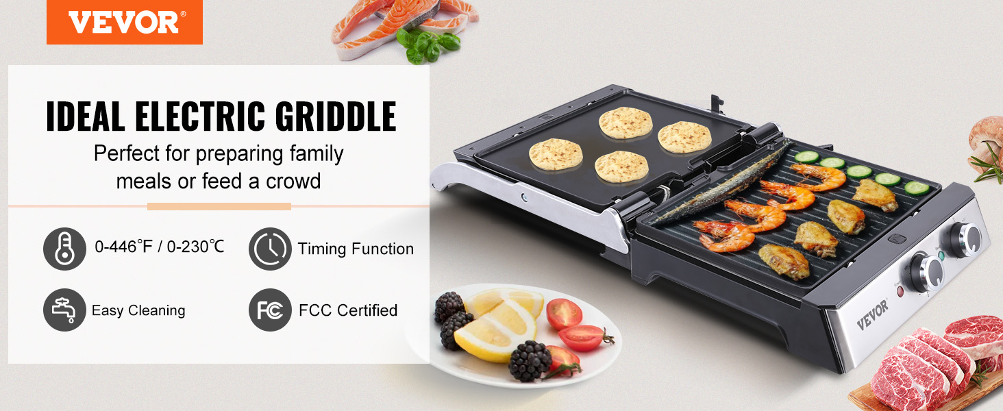 3-In-1 Nonstick Electric Griddle Grill - with 2 Cooking Zones & Reversible  Plates - Serves up to 8 people (1400W)