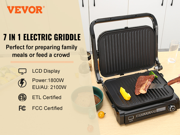 1800w Countertop Electric Griddle Flat Top Grill Portable Barbecue Grill  Countertop Smokeless Indoor Grill Non-Stick Cooking Removable Plate BBQ  Grill
