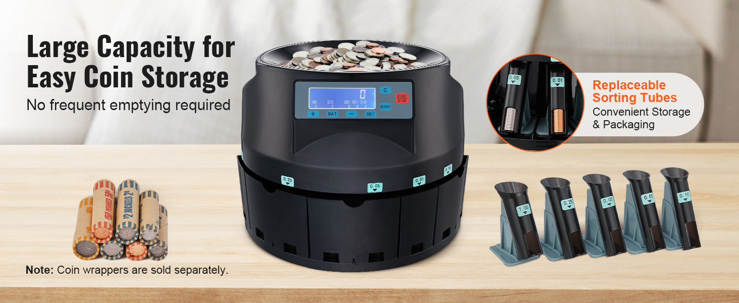 VEVOR USD Coin Sorter Coin Counter Wrapper and Roller 300 Coins/min LCD  Display