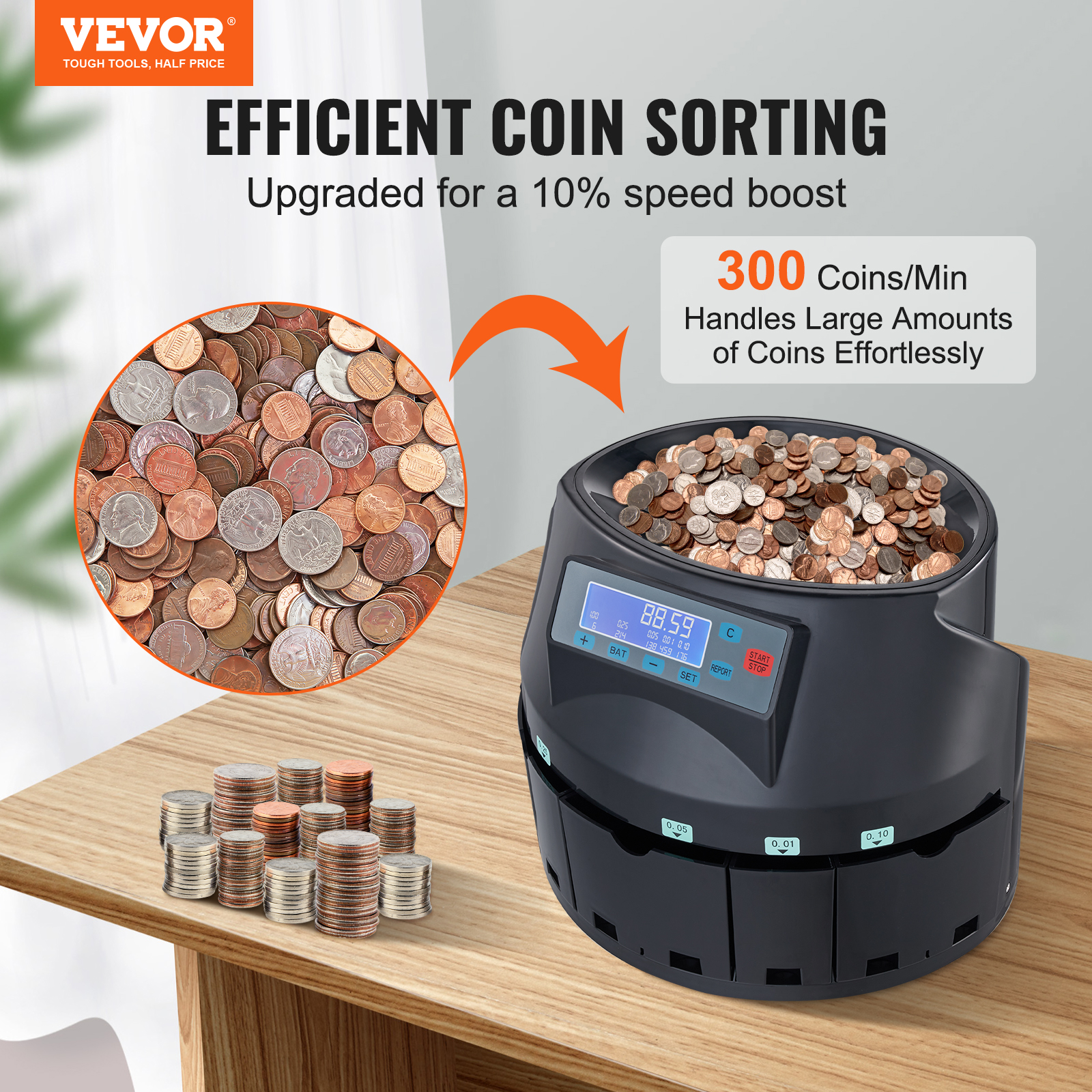 VEVOR USD Coin Sorter Wrapper and Roller 230/300 Coins/min 4 Coin Tubes