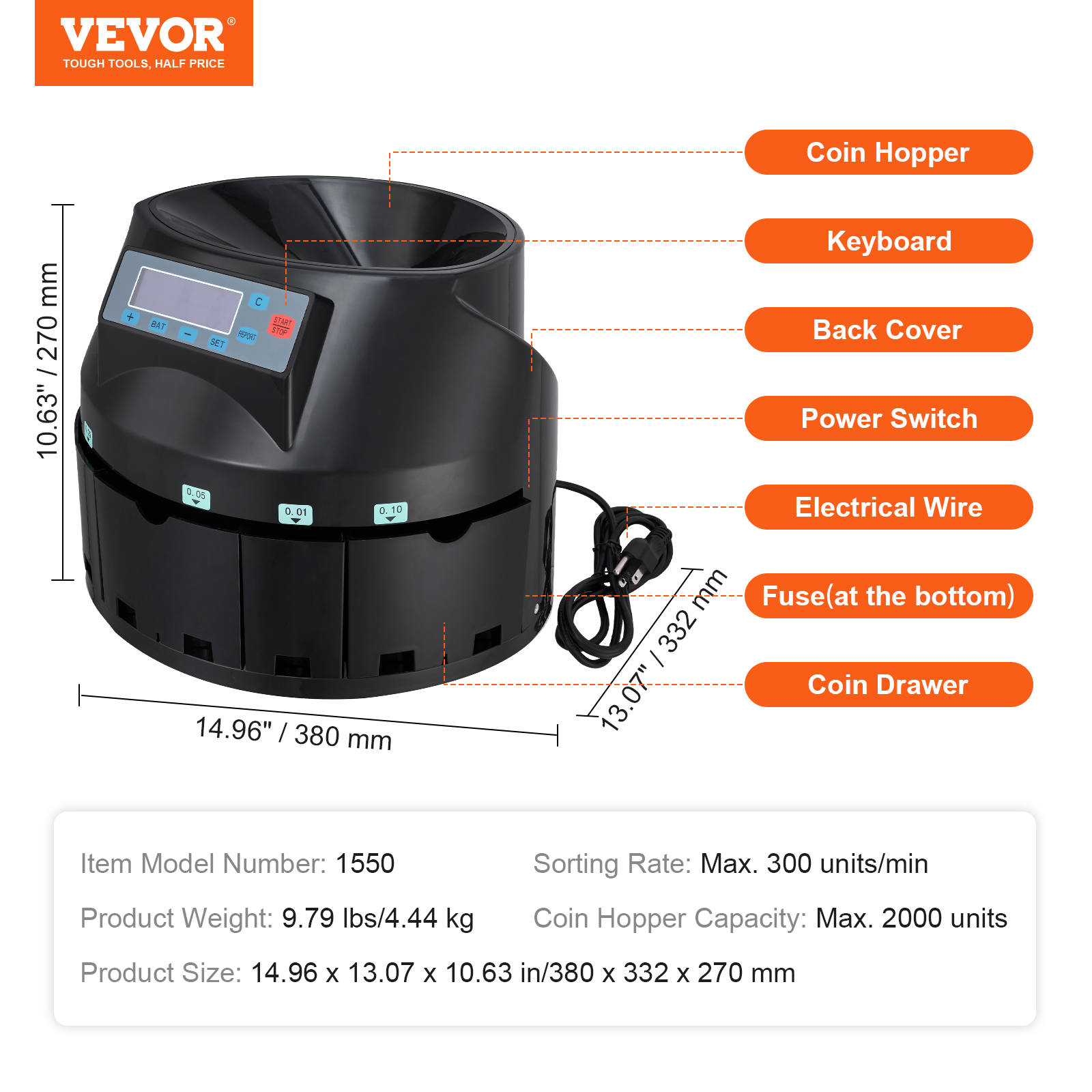 VEVOR USD Coin Sorter Wrapper and Roller 230/300 Coins/min 4 Coin Tubes