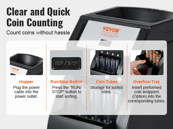 VEVOR USD Coin Sorter, Coin Sorter Machine for USD Coin 1￠ 5￠ 10￠ 25￠, Sorts up to 230 Coins/min, Coin Sorter and Wrapper Machine Holds 200 Coins Included 4 Coin Tubes, Black