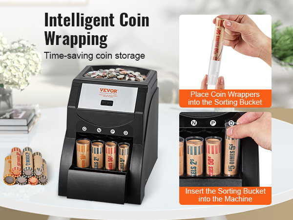 VEVOR USD Coin Sorter, Coin Sorter Machine for USD Coin 1￠ 5￠ 10￠ 25￠, Sorts up to 230 Coins/min, Coin Sorter and Wrapper Machine Holds 200 Coins Included 4 Coin Tubes, Black