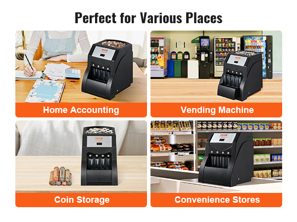 VEVOR USD Coin Sorter, Coin Sorter Machine for USD Coin 1￠ 5￠ 10￠ 25￠, Sorts up to 230 Coins/min, Coin Sorter and Wrapper Machine Holds 200 Coins Included 4 Coin Tubes, Black
